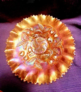 Northwood Stippled Strawberry Marigold Carnival Ruffled Glass Bowl 1900's - Picture 1 of 4