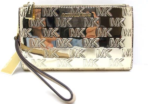 NUEVO Auténtico. MICHAEL KORS JET SET Doble Cremallera Brillante Dorado Pálido Teléfono Billetera Muñequera - Imagen 1 de 6