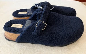 Clarks Women's Size 12 W Wide Brynn Slide Fuzzy Navy Blue Textile Cork Heel NEW - Picture 1 of 11