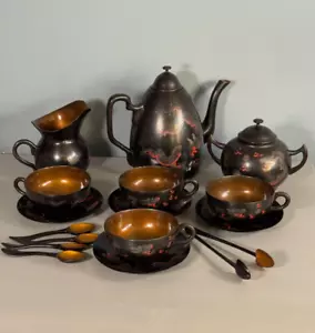 Antique Chinese lacquer Tea set Teapot Cups Saucers Spoons Tongs Etc - Picture 1 of 23