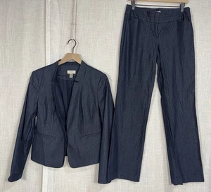 Ann Taylor LOFT Women’s Denim Navy 2 Piece Suit Set Blazer Jacket 8 Pants 4 - Picture 1 of 11