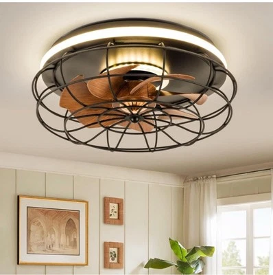 NWT TIFEROR Caged Ceiling Fan w/ Light & Remote Flush Mount Smll Room Black - Image 1 of 4