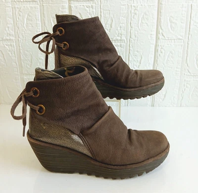 Fly London Yama Shoes Size 37/US7 Brown Metallic Tie Wedge Modern Ankle Boot - Image 1 of 4
