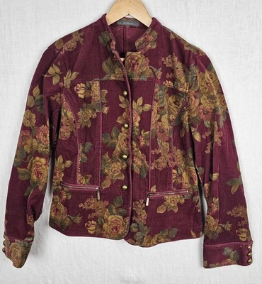 VTG Liz Claiborne Corduroy Blazer Floral Cottagecore Burgandy PM Petite Medium - Image 1 of 4