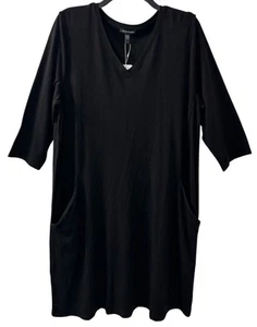 Eileen Fisher L LARGE V-neck Elbow Sleeve A-Line Dress Jersey Knit $178 Black - Picture 1 of 9