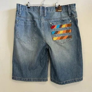 ENYCE Shorts Mens Waist 40 Blue Denim Baggy Hip Hop Embroidered Y2K Vintage - Picture 1 of 10