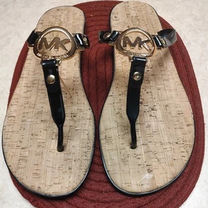 Preowned Michael Kors Cork Sandals - Black-Size 9M- Slipon-gold logo - Picture 1 of 6