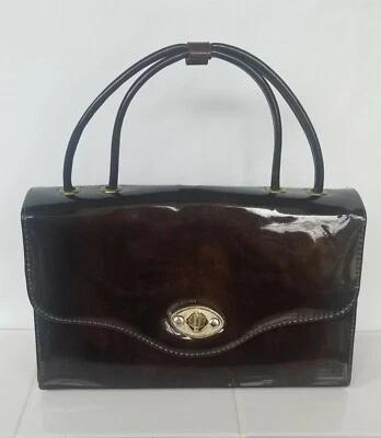 Vintage 60s Brown Glossy Vinyl Purse Handbag  - Image 1 of 4
