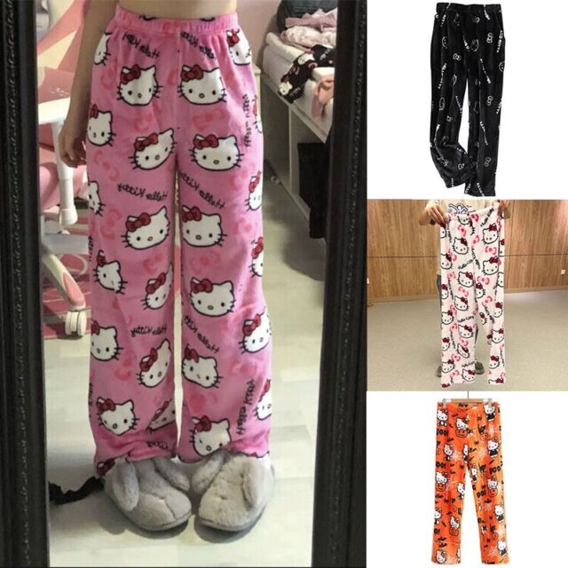 Halloween Sanrio Hello Kitty Pantalon de pyjama femme tendance  automne/hiver Nightwear Flanelle Sleepwear Kawaii Pantalon en peluche  décontracté