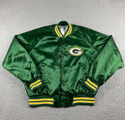 VINTAGE Green Bay Packers Jacket Mens XL Green NFL Chalk Line Satin Varsity Snap Cover