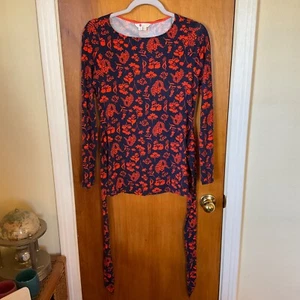 Boden Damen Langarmshirt Gr. 4 hinten zum Binden dunkelblau orange geblümt dehnbar - Bild 1 von 15
