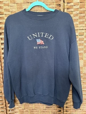 Vintage United We Stand USA made Navy Blue Embroidered Pullover Sweatshirt Large — 第 1/4 张图片