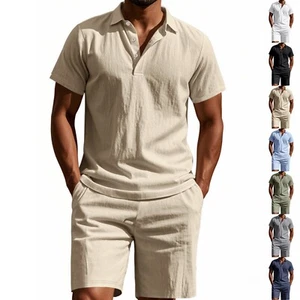 Men's 2-Piece Linen Short Set Beach Casual Outfits Lounge Vocation Sweatsuit - Picture 1 of 33