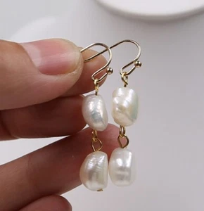 9-10 mm White Keshi Baroque Pearl Earrings Drop /Dangle 18KGP - Picture 1 of 2