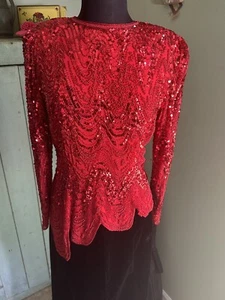 Vintage Red Silk Art Deco Beaded Cocktail Evening Blouse Asymmetric Hem Womens M - Picture 1 of 16