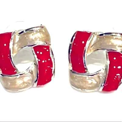 VTG Kenneth Cole ENAMELED SILVER EARRINGS Red White Square Knot KC Signed 5/8” - Image 1 of 4