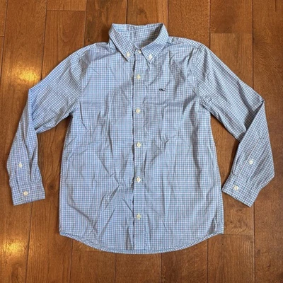 Boys Vineyard Vines Performance Whale Shirt Button Plaid Blue Pink sz 7 - Image 1 of 4