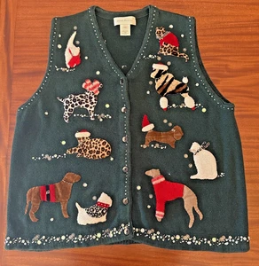 Vintage Susan Bristol Weihnachten Pullover Weste Damen 2W Hund Katzen klebrig grün - Bild 1 von 11