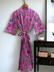 Robes de bain maxi robes de nuit en coton kimono rose imprimé floral indiennes