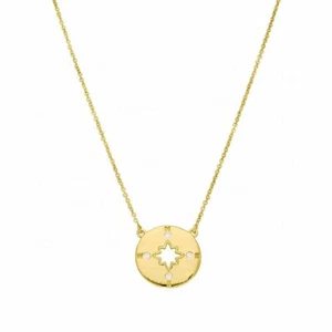 14K Gold 0.05 Ct Natural Diamond Four Direction Starburst Disc Pendant Necklace - Picture 1 of 4