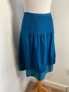 Jigsaw blue green silk A line skirt 8 10 VGC pleated smocked lined - Picture 1 of 8