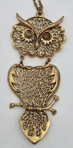 Vintage Articulated Owl Pendant Necklace Gold Tone Brown Eyes - Picture 1 of 7