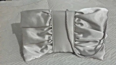 Cream Satin Ruffle Bag 9.25"x 4.75" Cord Strap Lined In Vinyl InSide Pocket NEW - Image 1 of 4