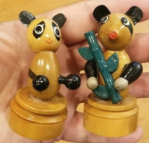 2.5-3" WOODEN PANDA BEAR FIGURINES Baby & Adult w/Bamboo Collectibles Set of 2 - Picture 1 of 7