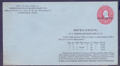 United Stamps Stamped enveloped Washington Cherokke  2cts Specimen  very fine! - Image 1 of 2