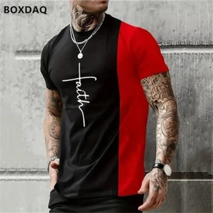 Mens Split-Color Casual T-Shirts with Cross Script Design - Bold Modern Style - Picture 1 of 20