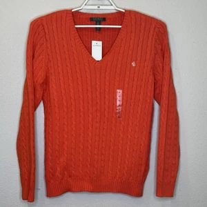 Lauren Ralph Lauren Cable Knit Sweater Womens Sz XL Orange VNeck Long Sleeve NEW - Picture 1 of 7