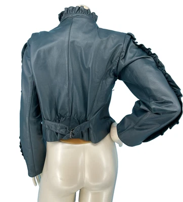 Vintage 1980s Green Ruffled Cropped Fitted Goth Punk Grunge Leather Jacket XS - Image 1 of 4