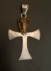 Vintage Sterling Silber 925 & Bernstein Stein Kreuz Anhänger - signiert Mexiko - Bild 1 von 7