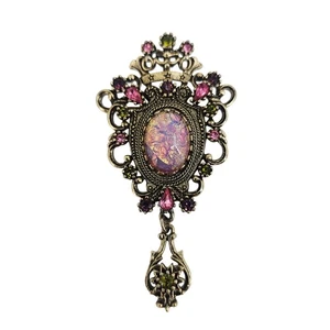 1960s Sarah Coventry Antiqued Contessa Pink Confetti Faux Opal Pendant Brooch - Picture 1 of 5