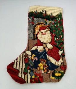 Vintage Handmade Needlepoint Christmas stocking Santa bag of Toys 13" - Picture 1 of 4