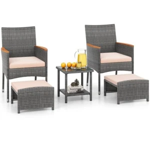 5 Pcs Patio Conversation Set w/ 2 Chair Soft Cushion 2 Tier Side Table 2 Ottoman - Picture 1 of 10