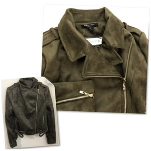 Romeo + Juliet Couture Medium Suede Moto Jacket Olive Green Gold Hardware Lined - Picture 1 of 11