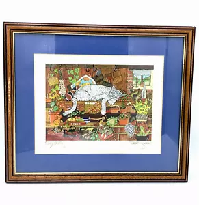 Signierte 2000 Penny Cox Original Lithographie gerahmt "ON DUTY" 9x7 Sammlerstück Katze - Bild 1 von 9
