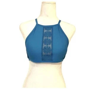 NEW aerie High Neck Blue Lace Doily Knit Halter Bikini Swim Top sz S Boho Beach - Picture 1 of 6