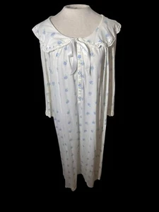 EILEEN WEST Vtg Nightgown Size M Blue Floral Long Sleeve 100% Cotton Satin Bow - Picture 1 of 7