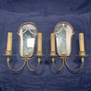 RARE pair Two Arm antique Mirror Sconces Original Brass Patina 19J - Picture 1 of 5