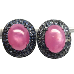 925 Sterling Silver 8 x 10 MM. Red Ruby & Blue Sapphire Earrings - Picture 1 of 4