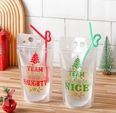 Ziliny 50 Bolsas de Bebida con Pajitas Equipo de Navidad Travieso y Equipo Bonito Foto 1 de 2
