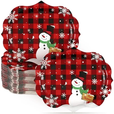 50 Pcs Oval Christmas Buffalo Plaid Snowman Plates Disposable Snowflake Tray ... - Image 1 of 4