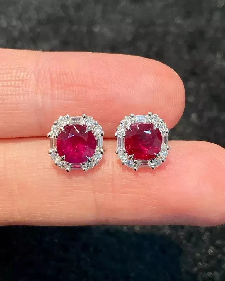 2.51 Ct Cushion Cut Natural Ruby Diamond Lovely Earring Stud 14K Real White Gold - Image 1 of 4