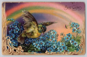 Best Wishes Colorful Bird with Flowers and Rainbow c1910 Embossed Postcard - Picture 1 of 3