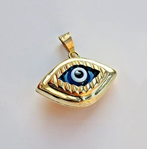 14K YELLOW GOLD BLUE MURANO GLASS EVIL EYE CHARM PENDANT 1.2 gram - Picture 1 of 10