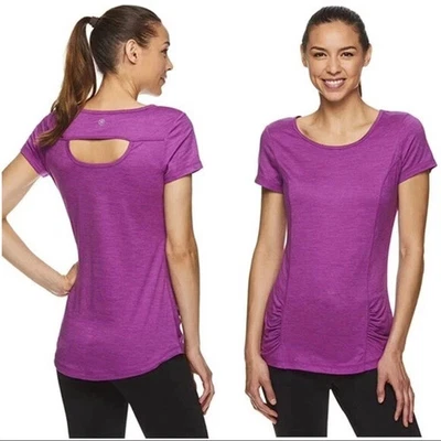 全新 S 码女式 Gaiam Energy 瑜伽 T 恤 BENEFITS CHARITY =^..^= 品红 — 第 1/3 张图片