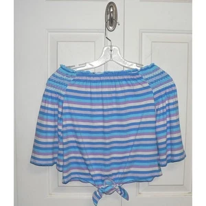 Cloud Chaser Girls Off the Shoulder Tie Front Striped Top in Sunlt Alum Medium - Picture 1 of 4