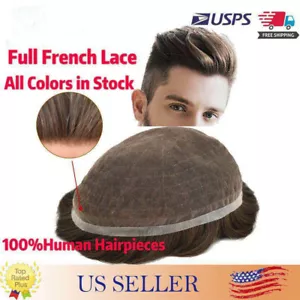 Full French Lace Hair Replacement System For Man Swiss Lace Men Toupee hairpiece - Picture 1 of 83